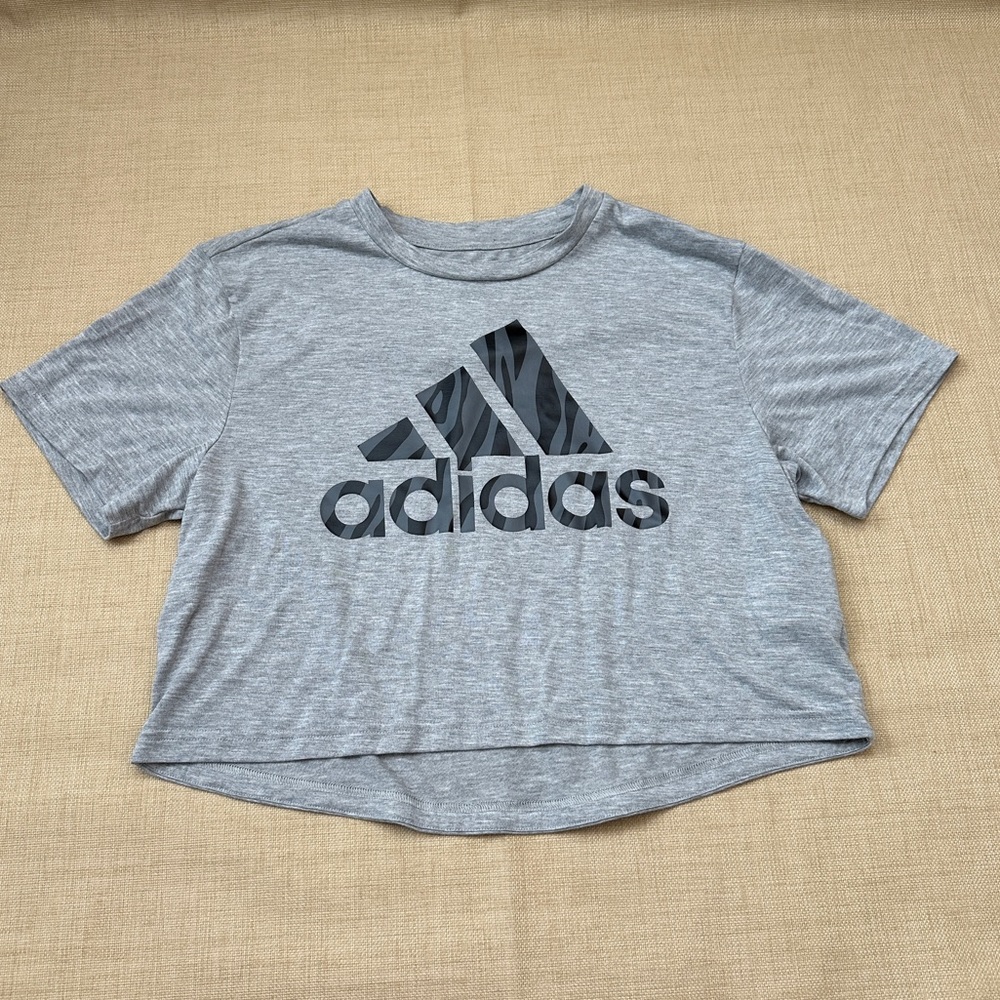 Adidas Gray Zebra Logo Crop Short Sleeve Tee
